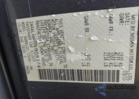 2015 Nissan Altima 2.5 S from USA, damaged, VIN 1N4AL3AP7FN908374